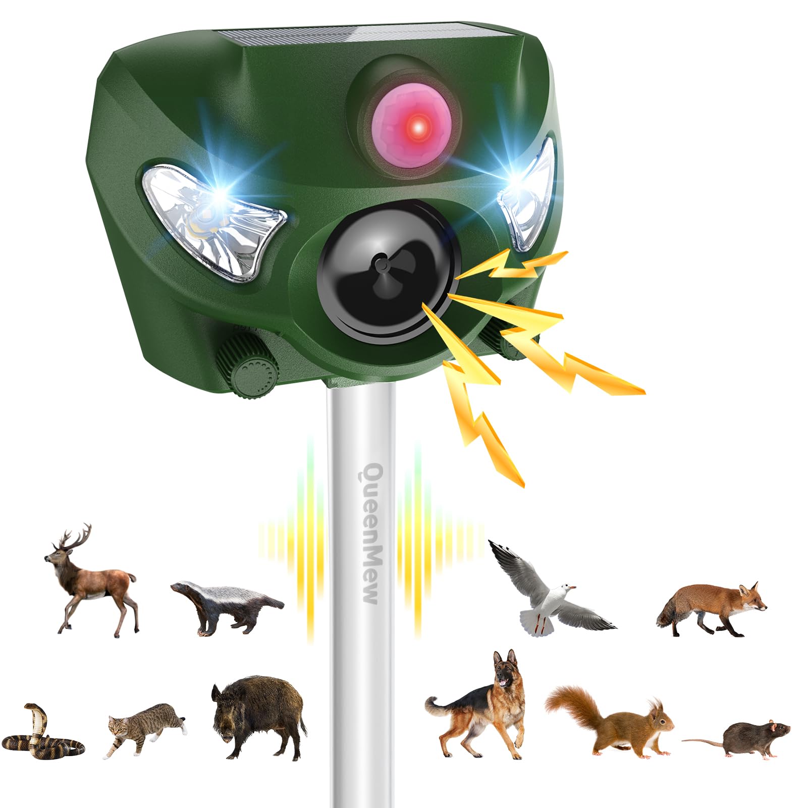 Repelente Gatos, 5 Modos Ahuyentador Gatos para Jardines, 26 Pies Ahuyentador Gatos con Alarma y Luces Intermitentes, para Perros, Ciervo, Zorro, Pájaro, Conejo, Ardilla