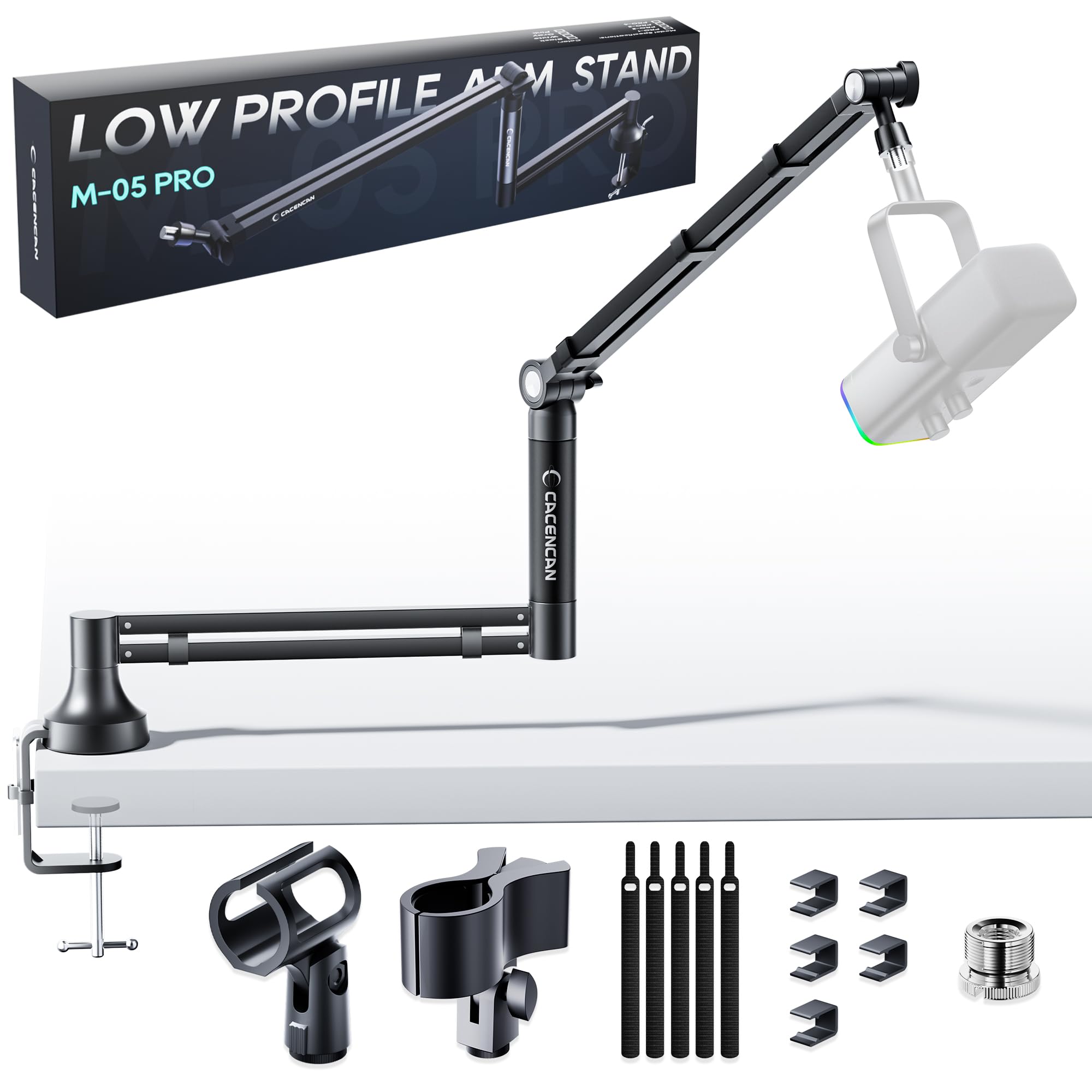 Ramię wysięgnika M05, obracany o 360° stojak mikrofonowy z uchwytem na biurko, składane ramię mikrofonowe z adapterem śrubowym 3/20.3 cm do 5/20.3 cm, ramię mikrofonu do transmisji na żywo, gier,