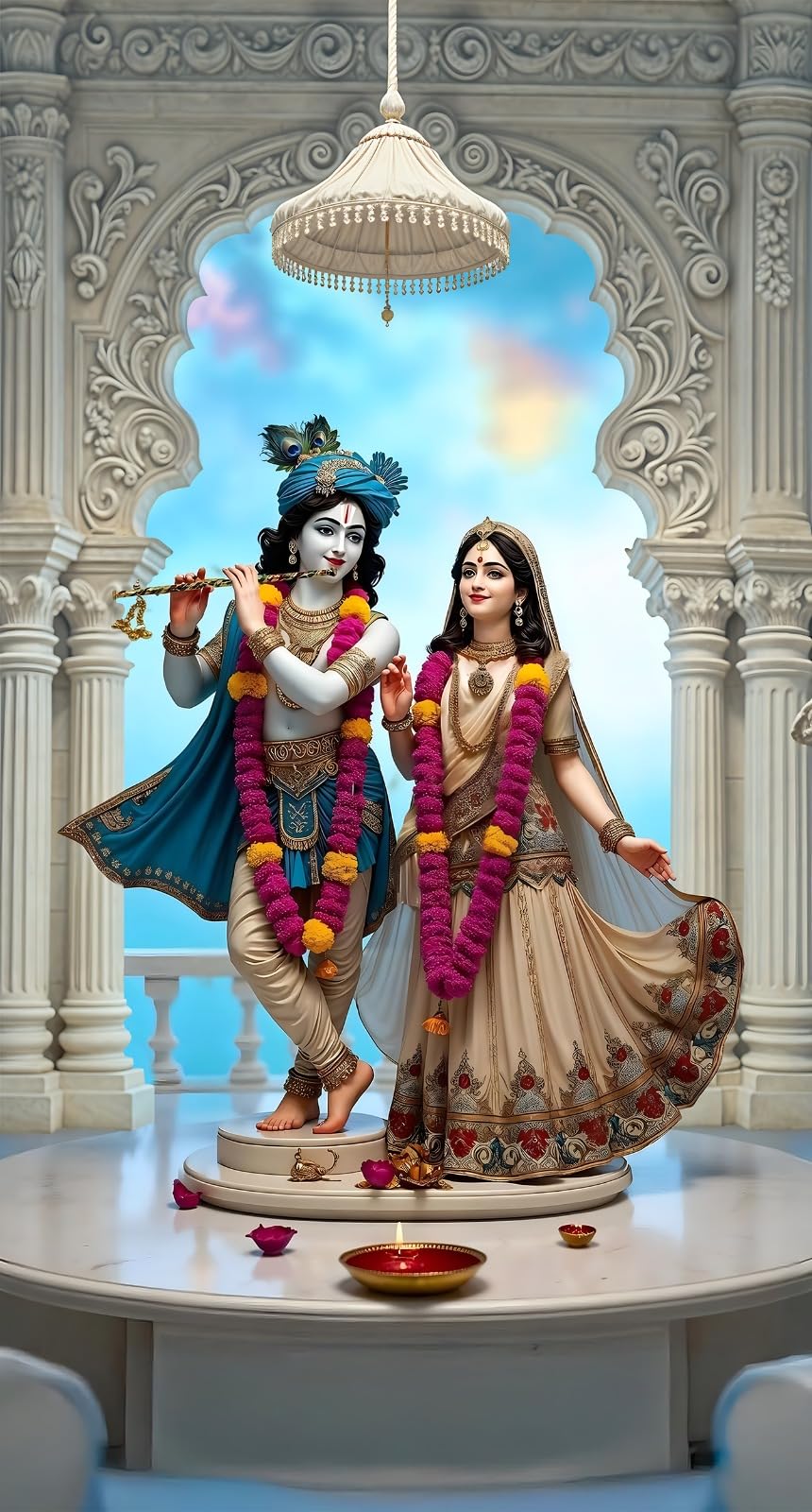 3D Radha Krishna Raasleela Digital Printed Home Furnishing Curtain Parde for Office Diwali Mandir Temple and Pooja Ghar | 4 x 7 Feet Door Curtain Set of 1