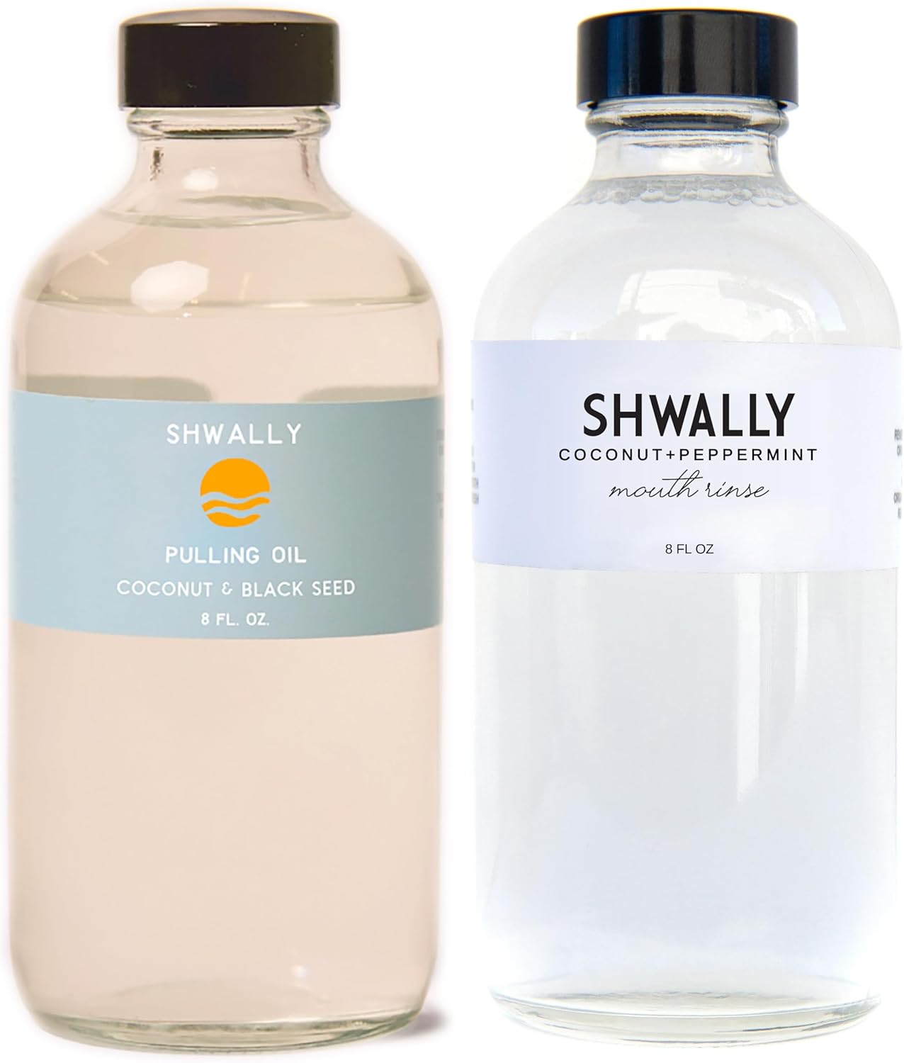 Shwally Mouth Rinse & Pulling Oil - A True Natural Mouth Wash for Whiter Teeth, Fresher Breath & Happier Gums - Alcohol & Fluoride-Free, 1 of Each, Concentrated