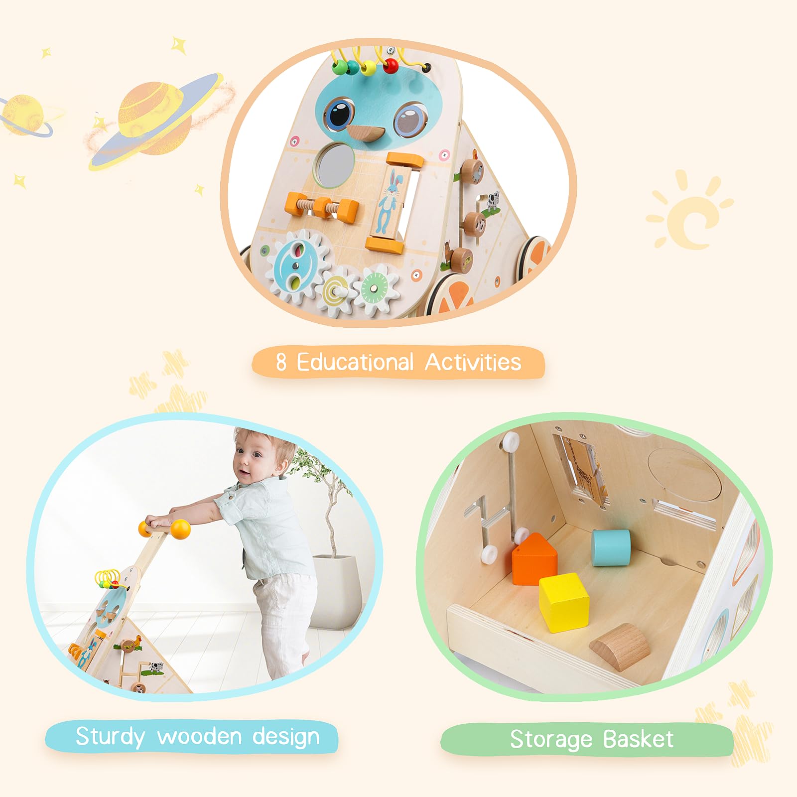 Jacootoys Activité Walker en Bois, Vitesse réglable Bambin Push Walker Activity Center Toy, Baby Walker en Bois Push et Pull Learning Walker pour garçons Filles 1 2 3 Ans