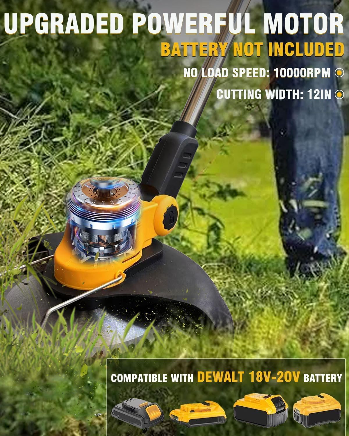 Cordless Weed Wacker for Dewalt 20V, 4 in 1 Lightweight Cordless String Trimme,12" Weed Eater Battery Powered, Brush Cutter for Lawn, Yard and Bush Trimming (No Battery) (Yellow)