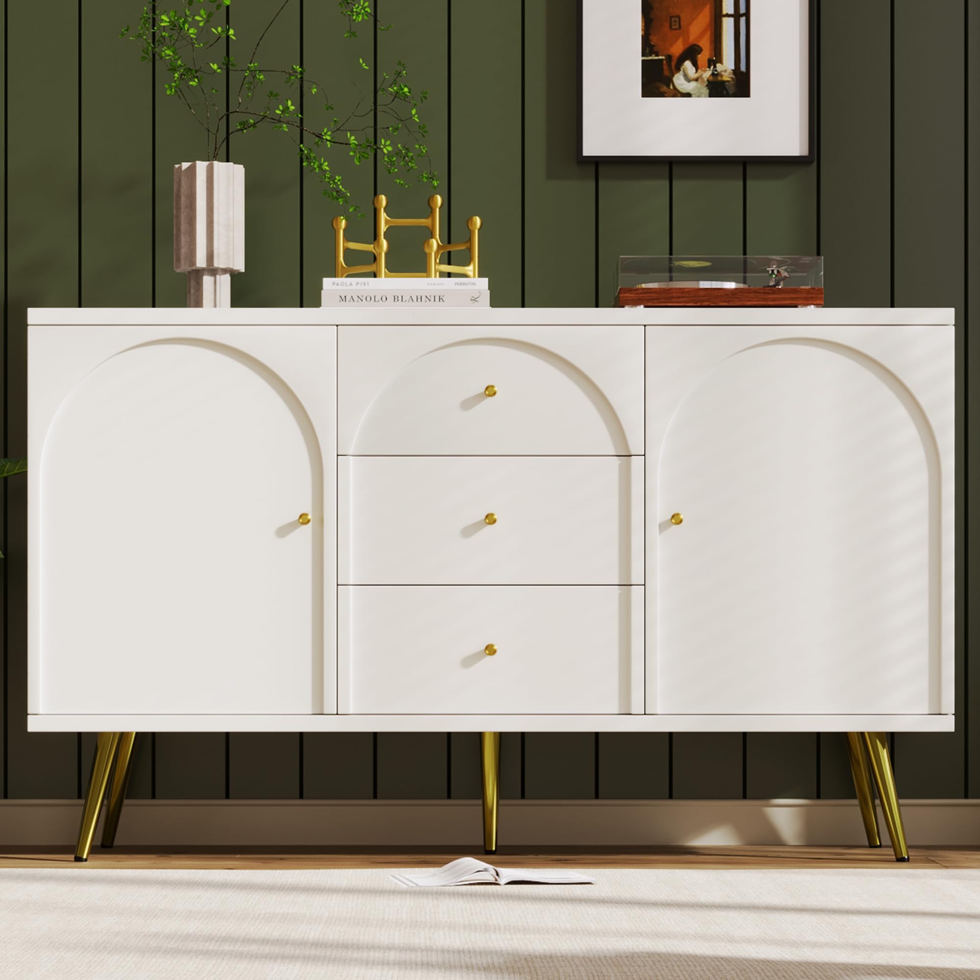 ANIROYSideboard Cabinet for Living Room, Modern Buffet Cabinet, Kitchen Storage Cabinet, Chest of Drawers with 2 Doors and 3 Drawers for Dining Room, Kitchen, Adjustable Shelf, Cream White