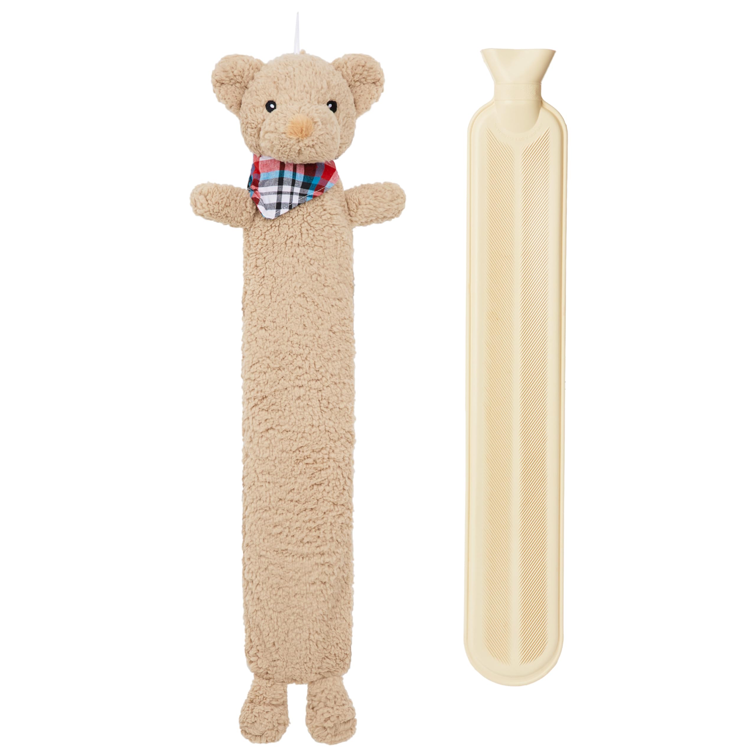 Citycomfort Beige Hot Water Bottle With Animal Fleece Cover 1 Or 2 Litre Capacity Natural Rubber Long Hot Water Bottle Plush Cute Animal Cover Cosy Gifts (Teddy Long)