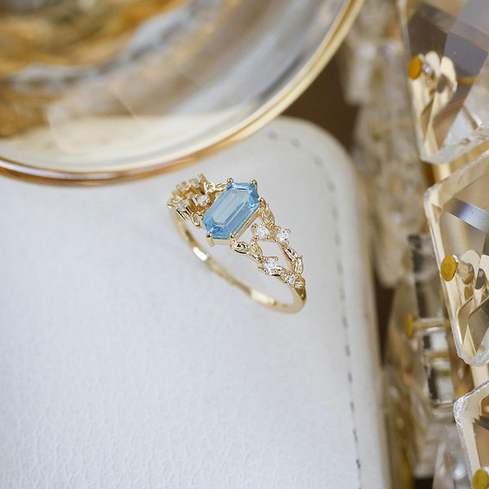 9K/14K/18K żółte złoto, pierścionek w stylu vintage, liść, topaz, prawdziwe złoto, biżuteria dla kobiet,