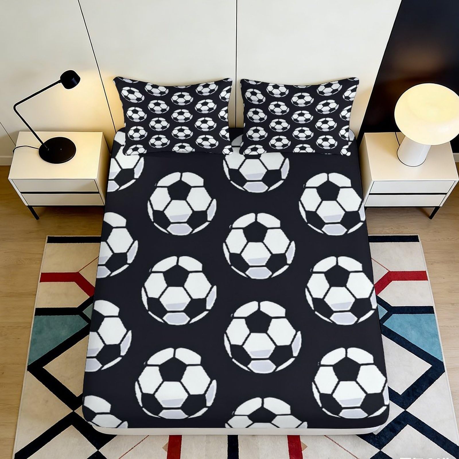 Pnayamiorkfel Style-5 3D Printed Football Pattern Fitted Sheet Microfiber Black Soccer Ball Bed Cover Anti-Slip Easy Care For Bedroom Guestroom 90X200x25cm