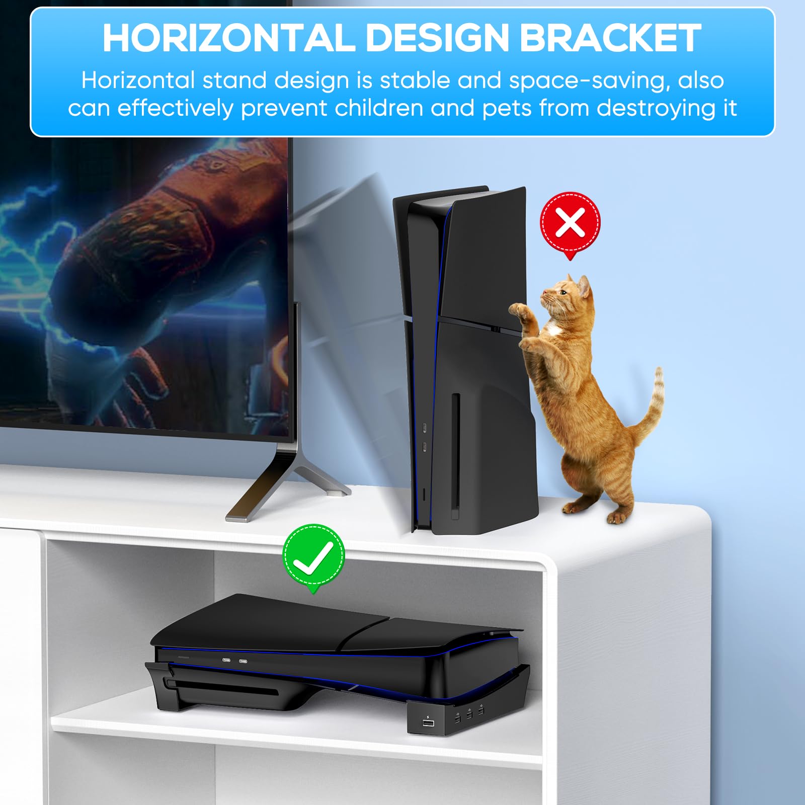 MENEEA Horizontaler Stand für PS5 Pro Slim Konsole mit 4-Port USB Hub, Standfuß Zubehör für 2023 Playstation 5 Slim Disc & Digital Edition, Halter mit 4 USB 2.0 Data Port & Ladeanschluss Erweiterung