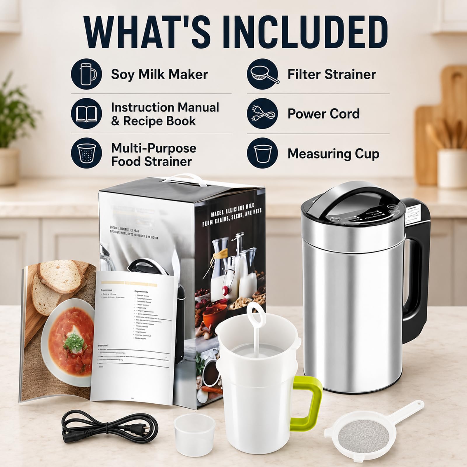 Macchina Automatica per Latte Vegetale 1,2 L, 7-in-1 con Avanzamento LED | 4 Lame in Acciaio Inox, Autopulizia 180 Sec. e 25.000 Giri/Min per Latte di Mandorla, Avena, Porridge e Creme