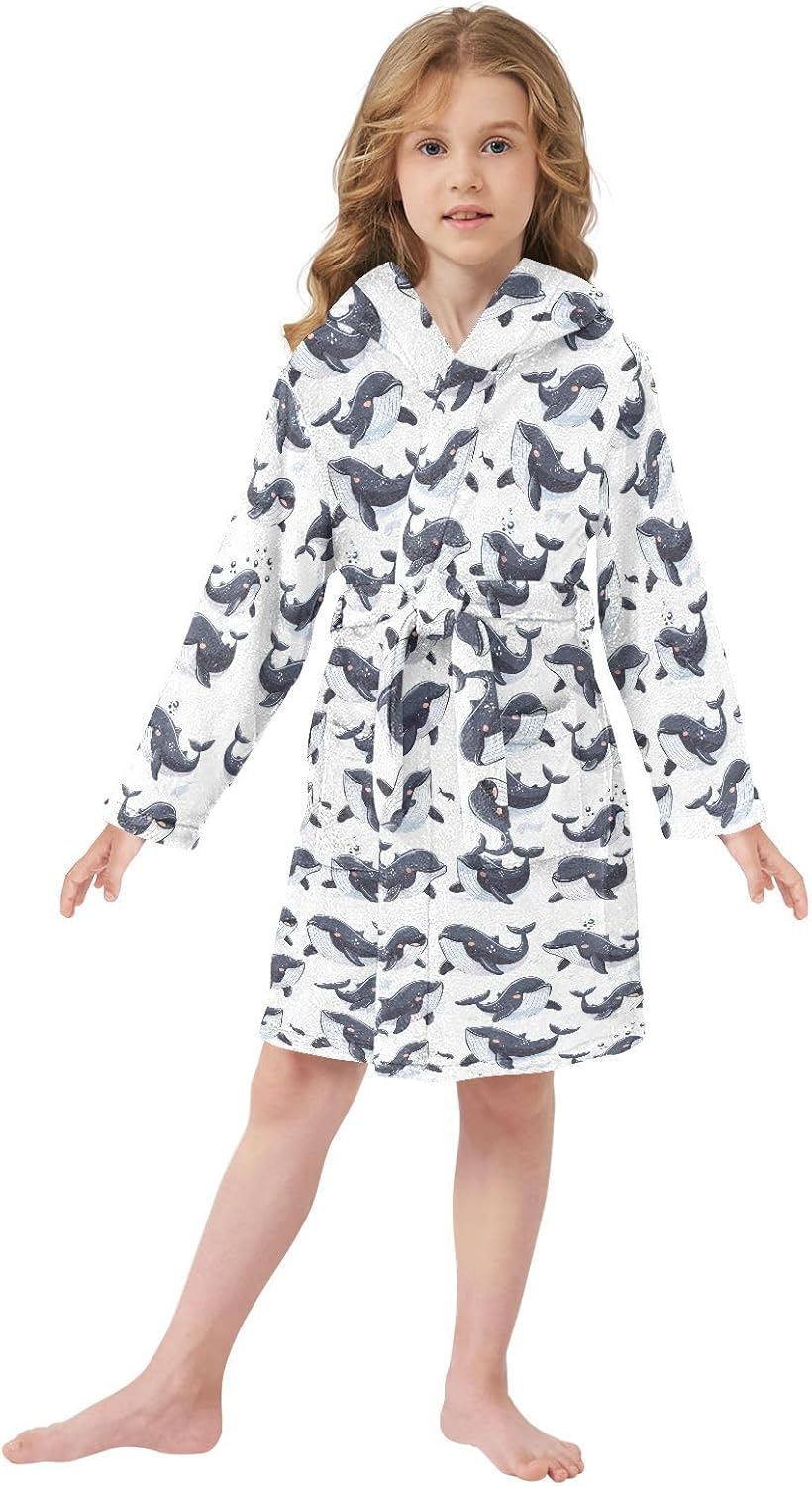 senya Grey Whale Toddler Hooded Bathrobe Kids Soft Plush Bath Towel Robes for Boys Girls 2-12 Years