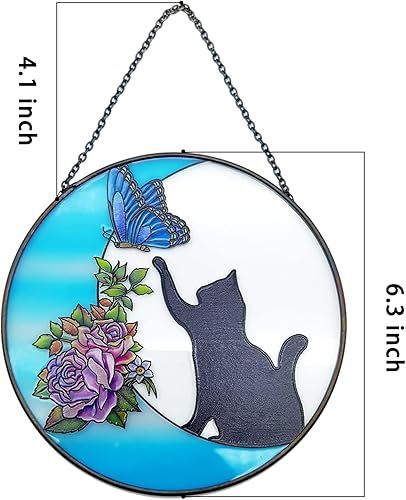 Miniatura 4 de Regalos de mariposa en luna con vitrales de gato, atrapasoles hechos a mano para colgar vidrieras, regalos para amantes de los gatos