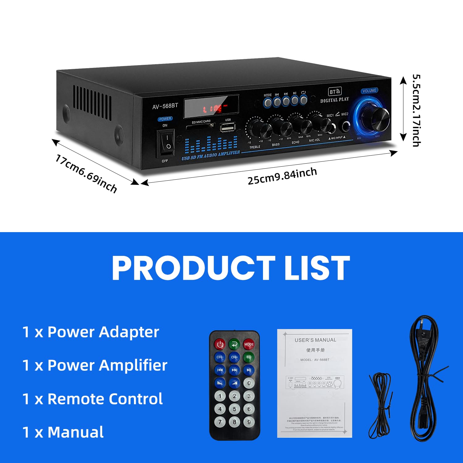 1000W amplificateur hifi, 2 Canaux ampli Bluetooth 5.0 RMS 60 W X2 Stereo pour Les Enceintes Domestiques enceinte hifi avec Contrôle des Basses et des Aigus SD USB FM 12V / 220V avec Télécommande IR