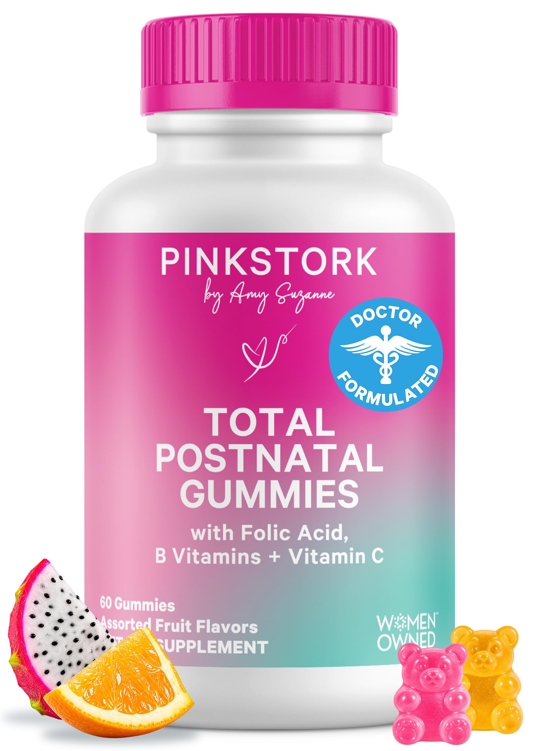 Pink Stork Total Postnatal Vitamin Gummies - Multivitamin för Postpartum Recovery and Lactation Support - Folic Acid, B6 och Vitamin C - Postpartum Essentials - 60 Gummy Vitaminer