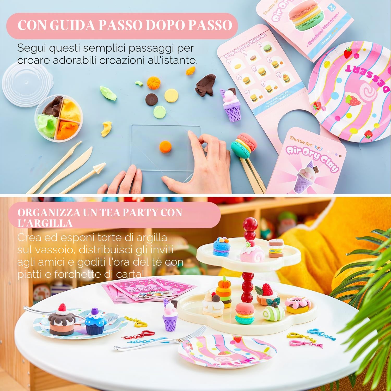 Shuttle Art Argilla Autoindurente per Bambini -Tempo Torta, 52 Pezzi Kit di Argilla da Modellare, Strumenti e Tutorial, Air Dry Clay Sicura e non Appiccicosa, Regalo Creativo per Ragazzi e Ragazze