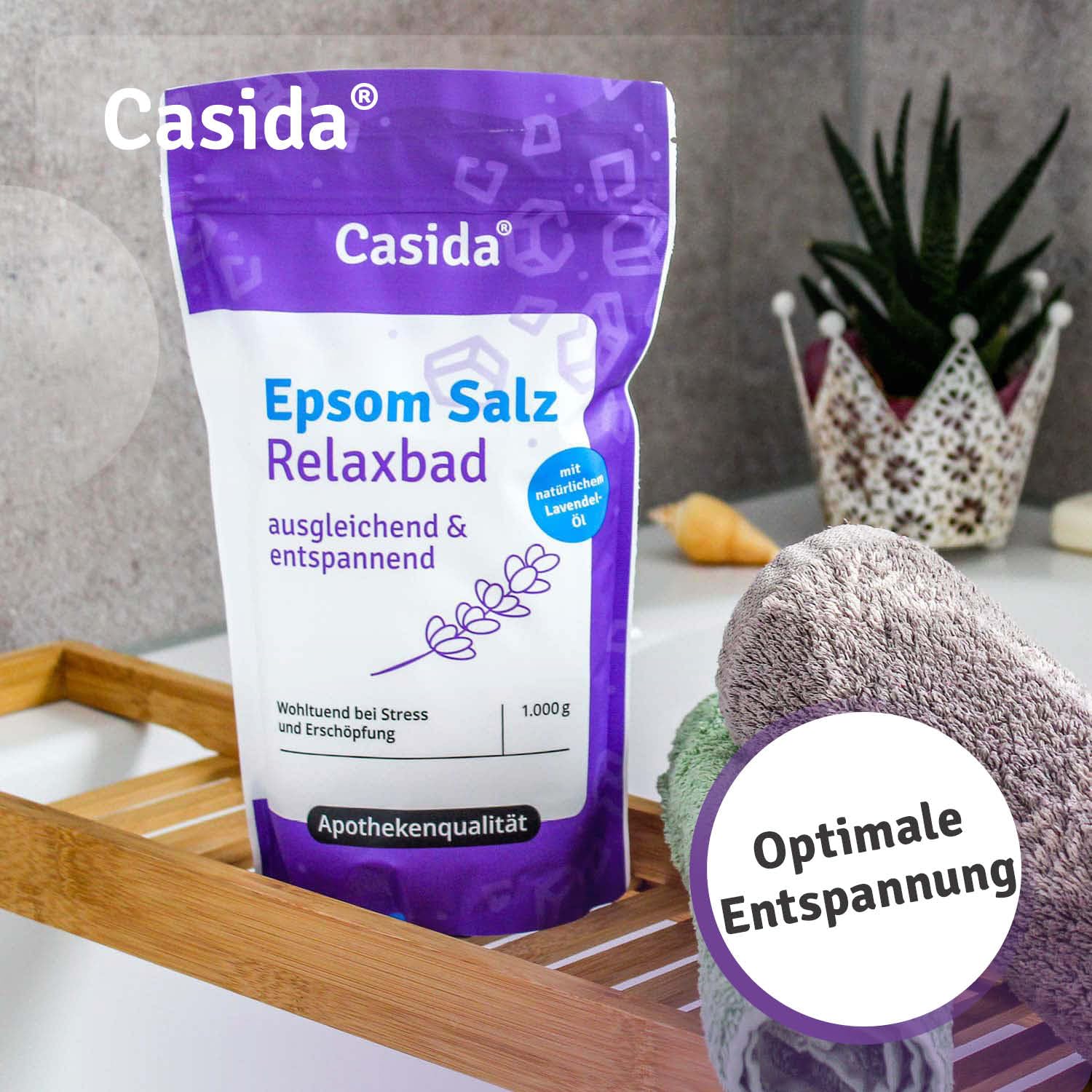 Casida® Kąpiel Relaksacyjna z Sólą Epsom i Lawendą - sól gorzka/Sól Epsom (siarczan magnezu) z naturalnym olejkiem lawendowym/lawendą - kąpiel odprężając - jakość apteczna - 1000 g