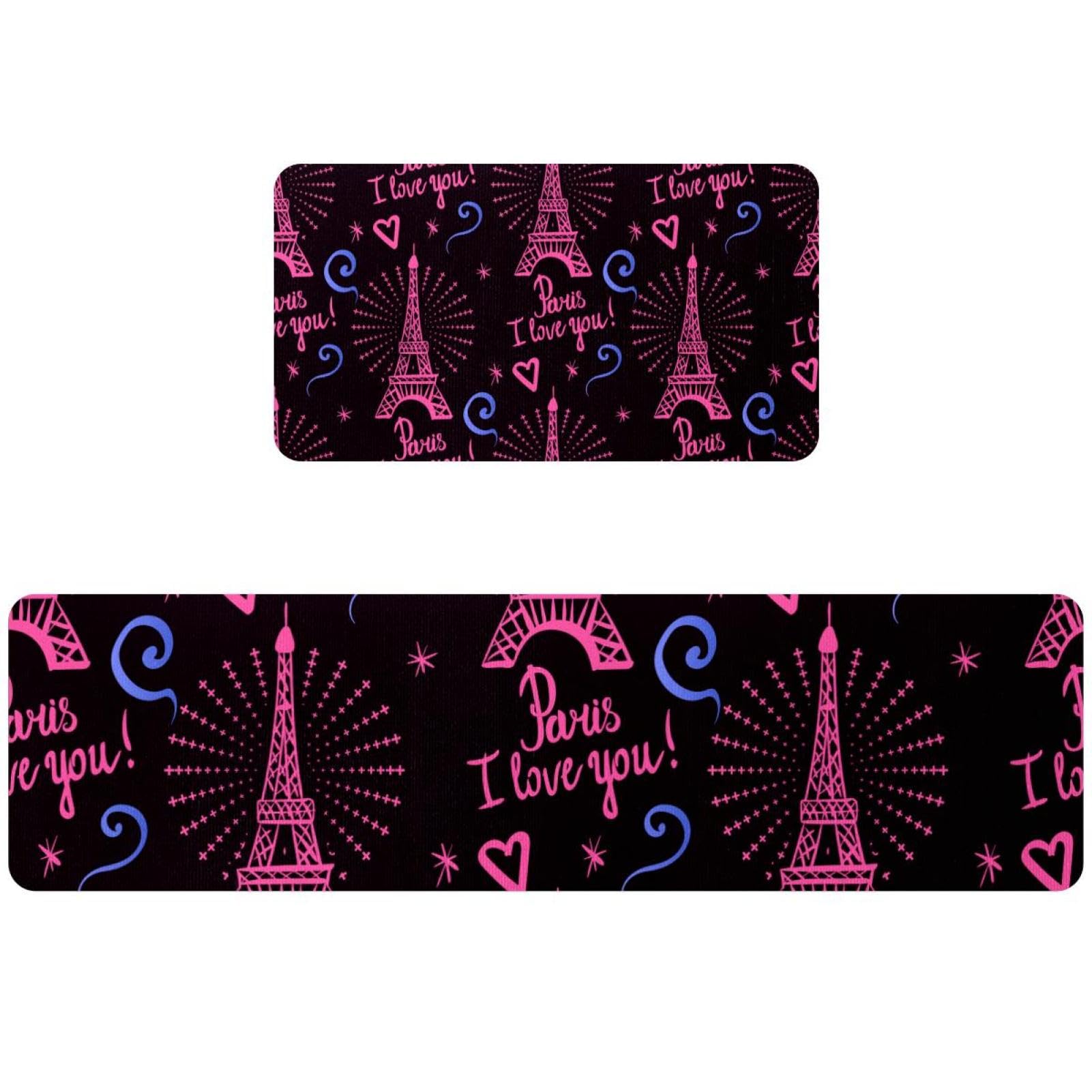 Tapis de cuisine lavable et absorbant style parisien Tour Eiffel rose set