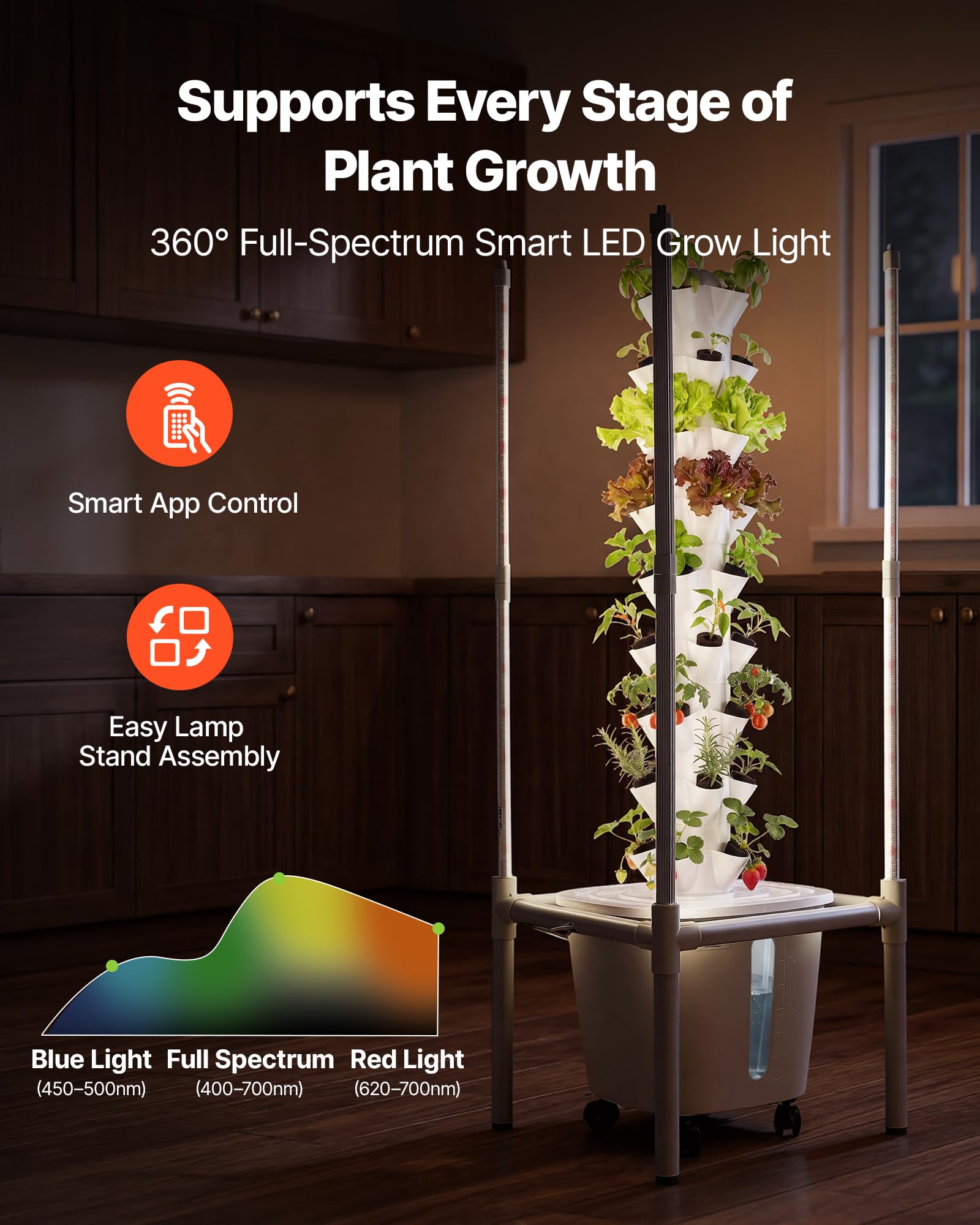 VEVOR Kit de Cultivo Hidropónico, Sistema de Torre Hidropónica de 9 Niveles 45 Agujeros, con Luces de Crecimiento Control por App Ruedas Bomba de Agua, Depósito de 20 L, para Hierbas Frutas Vegetales