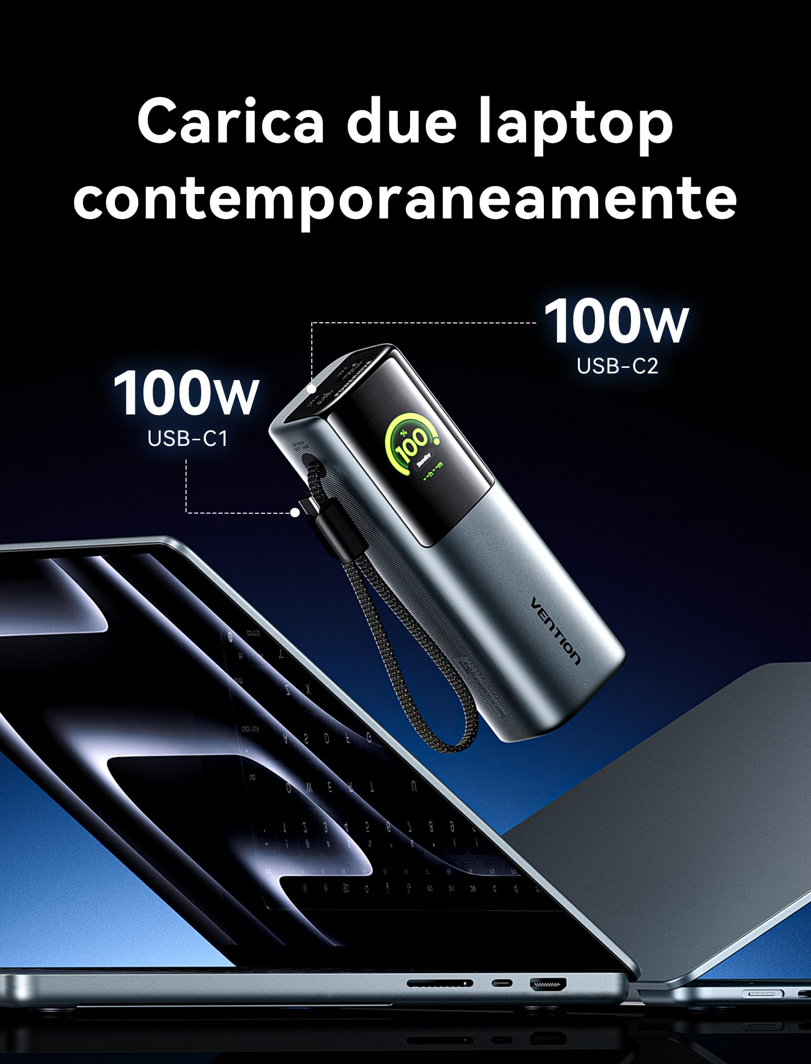 VENTION 27000mAh Laptop Powerbank 200W Ricarica Rapida Display Digital & Emoji Animation, Cavo USB-C integrato, 2 x USB-C + USB-A, per iPhone 17/16/15/14/13 Pro Max, MacBook, Dell, HP, Galaxy S24