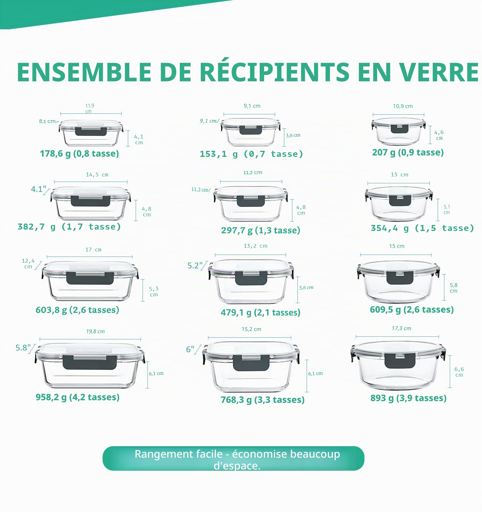 KOMUEE Lot de 12 récipients en verre avec couvercle, contenants repas en verre hermétiques sans BPA - boîtes de conservation pour micro-ondes et congélateur