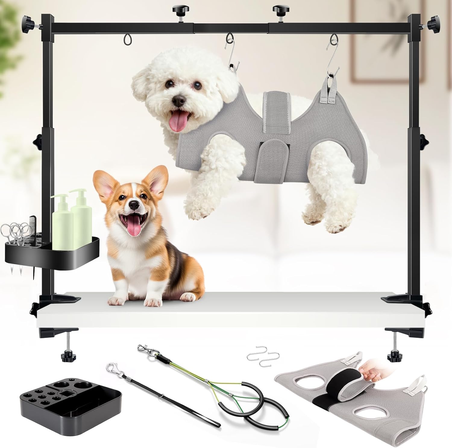 Adjustable Dog Grooming Arm for Table,Dog Grooming Arm with Clamp,32-47 Width&35 Height,Dog Grooming Table for Small Dog,Dog Grooming Station for Home Use Nail Trimming&Drying(Hammock Included)