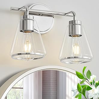 Bathroom Light Fixtures Over Mirror Polished Nickel Vanity Light 2-Lights Bathroom Vanity Lights with Clear Glass Shade 14 inch Vanity Lighting Fixtures Modern Wall Sconces Bath Light