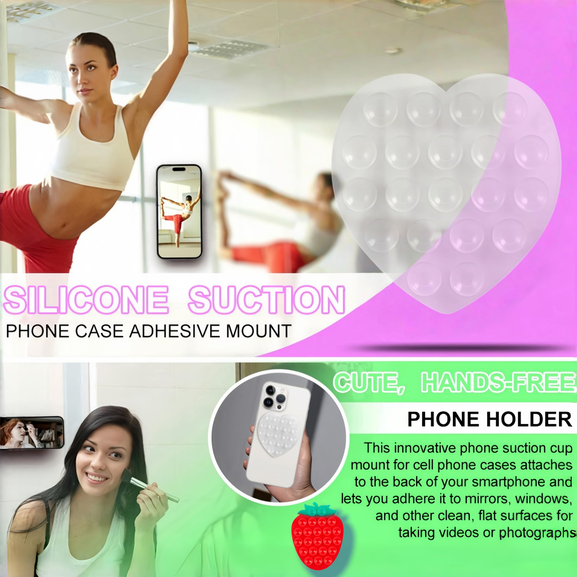 Soporte de teléfono con ventosa, accesorios para teléfono, soporte de agarre fuerte manos libres para selfies y videos, soporte de teléfono de ducha con espejo de agarre adhesivo (forma de amor,