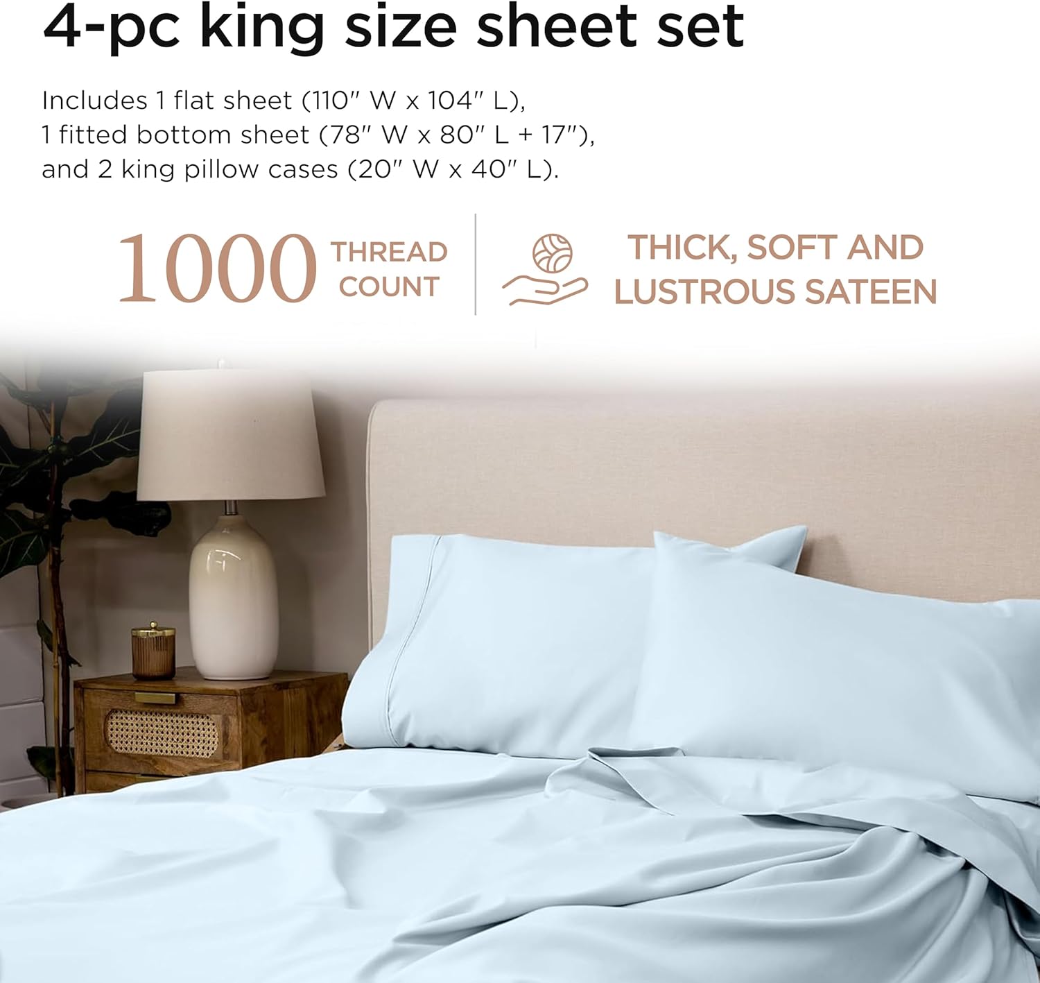 Threadmill Supima King Size Sheets, 1000 Thread Count, 4 Piece American Luxury Bed Sheets for King Mattress, 5 Star Hotel Quality Cotton Sheets with Elasticized Extra Deep Pocket, Light Blue - Image 2