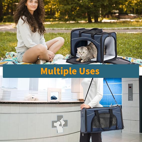 Petsfit Airline Approved Cat Carrier，Soft Travel Carrier for Small Dogs, Two-Way Placement Cat Bag Soft-Sided Airline Pet Carrier for Kittens, Puppies up to 15 Lbs, Navy Blue