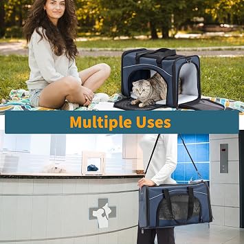 Petsfit Airline Approved Cat Carrier,Soft Travel Carrier for Small Dogs, Two-Way Placement Cat Bag Soft-Sided Airline Pet Carrier for Kittens, Puppies up to 15 Lbs, Navy Blue