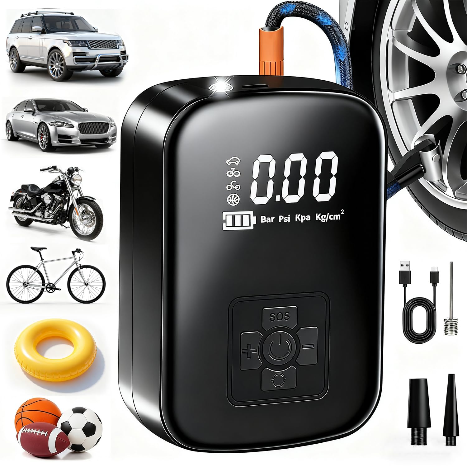 Compresor de Aire Portátil, Bomba Infladora Con Pantalla LCD, 150 PSI Bomba de Aire Inalámbrica para Inflar y Presurizar Bicicletas, Autos, Motos y Balones