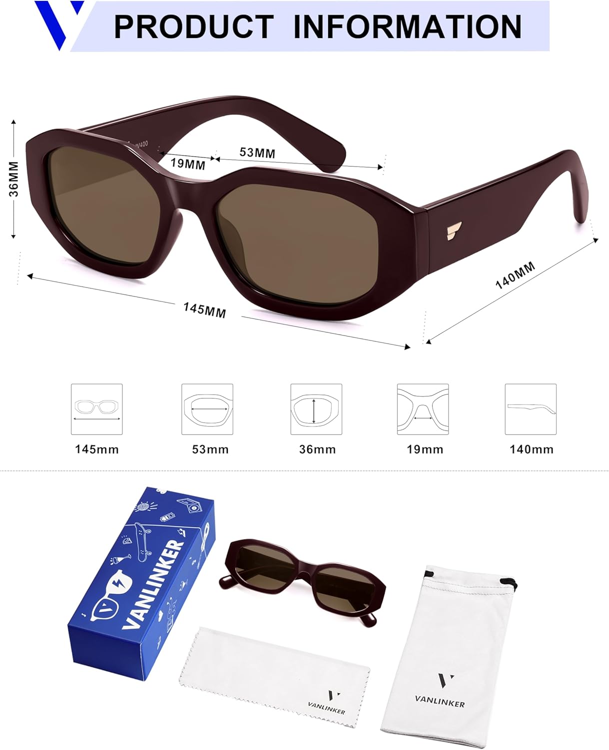 VANLINKER Trendy Polarized Hexagon Sunglasses for Women Men Retro 90s Rectangle Shades Vintage Square Frame VL9887 - Image 5