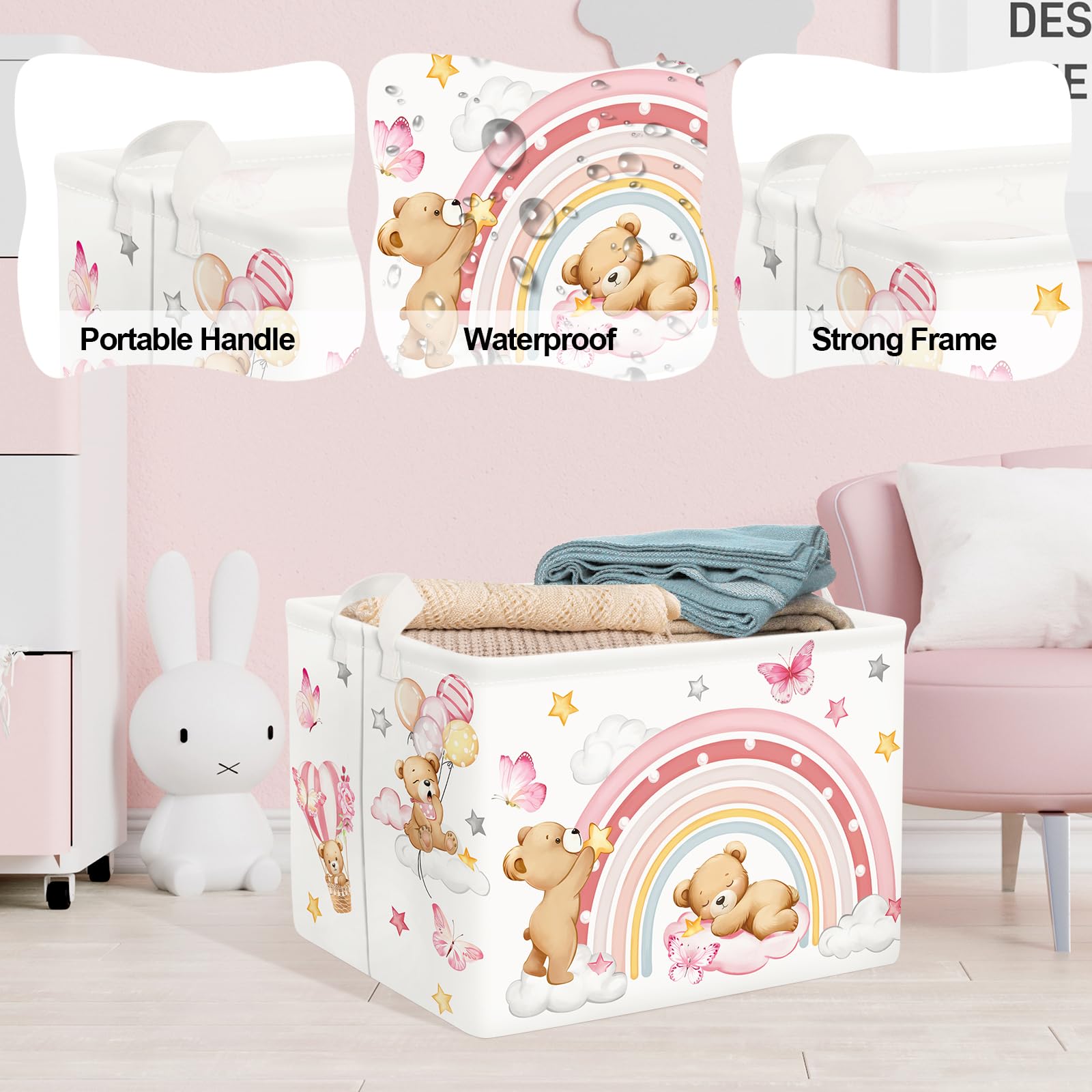 Clastyle Rainbow Baby Laundry Hamper Folding Clothes Kids Storage Basket Waterproof Girls Toy Box for Bedroom Bear, 40x30x30 cm - Image 4