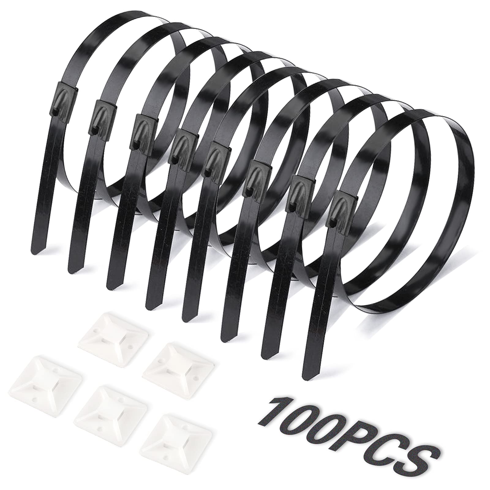 Helunsi 100 Pcs Metal Zip Ties 30cm / 11.8" Stainless Steel Cable Ties, Heavy Duty Self Locking Multi-Purpose, Suitable for Fixed Indoor Outdoor Exhaust Wrap Farms Pipes Cables and Fence - All Black