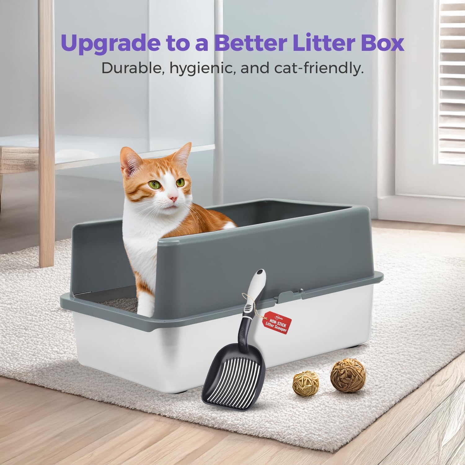 iPrimio XL Stainless Steel Litter Box for Cats with Enclosure and 1 Scooper - Easy to Clean, High-Sided Litter Box for Extra Litter Scatter Protection - XL Size for Big Cats - 23.5"x15.5"x6"