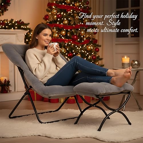 Miniatura 4 de Cómoda silla plegable con otomana, silla plegable de piel sintética de gran tamaño, silla suave y peluda con marco de metal, silla de luna para