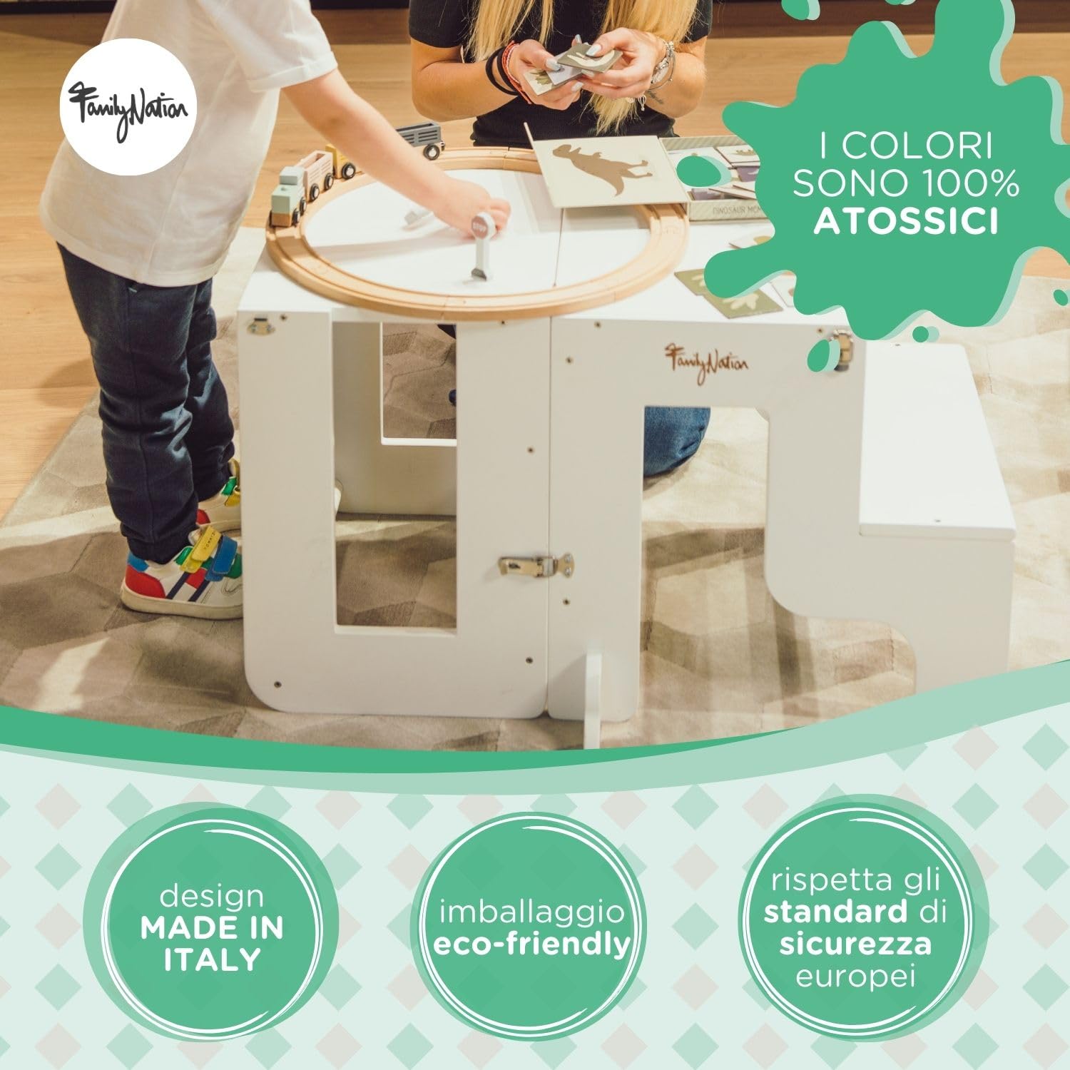Family Nation, Torre Montessoriana 2 in 1, Convertibile in Tavolo e Sedia, per Bambini da 1 Anno di Età, Struttura in Legno con Supporto Extra, Bianca, 42x45x86 cm