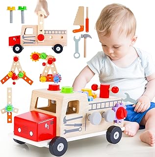 Aragallant Caja Herramientas Juguete para Niños 1 2 3 Años, Juego Herramientas Banco de Trabajo Juguetes Montessori, 31 Piezas Coche Herramientas Juguete de Madera Educativos Regalo Niño Niña