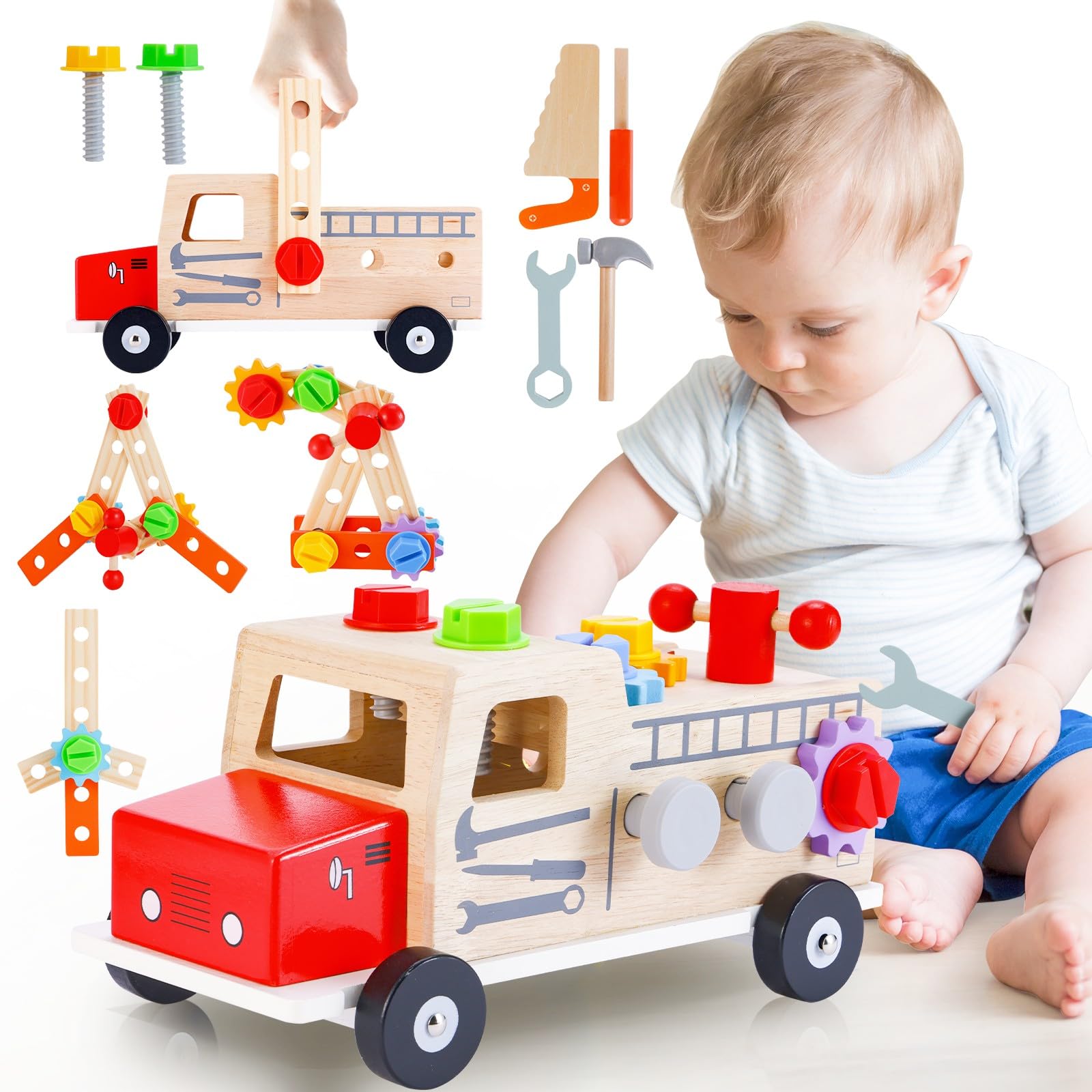 Caja De Herramientas De Madera De 31 Piezas Para Niños 1-3 Años – Banco De Trabajo Montessori Con Coche Incluido