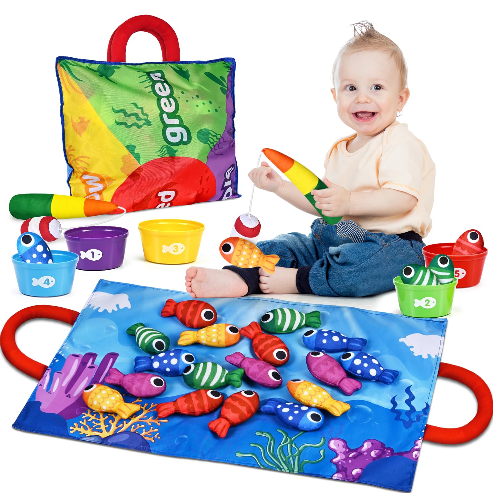 Montessori Toys for 1 2 3 Boys Girls, Toddler Learning Fishing Game Toy with Stacking Cups, Double-Side Mat - Number Counting, Color Sorting Toys, Christmas Birthday Educational Gifts for 1-3 Year Old