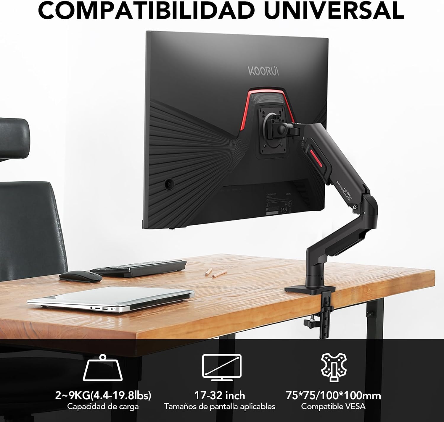 KOORUI Soporte de Monitor con Resorte de Gas para Pantallas Planas y Curvas de 17 a 32 Pulgadas, VESA 75/100 mm, Altura Ajustable con inclinaciones, pivote, Giro, Mayor Capacidad de Carga de 2 a 9 kg 4