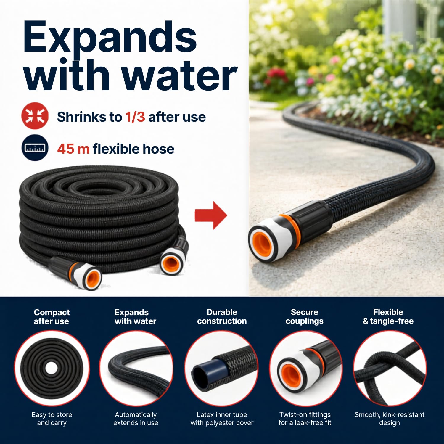 Home It® Gartenschlauch Flexibel 45m | Dehnbarer Flexschlauch mit TPR-Kupplungen | Garten Wasserschlauch mit Hochwertigem Latex im Innenmaterial | Max. 8 Bar Arbeitsdruck