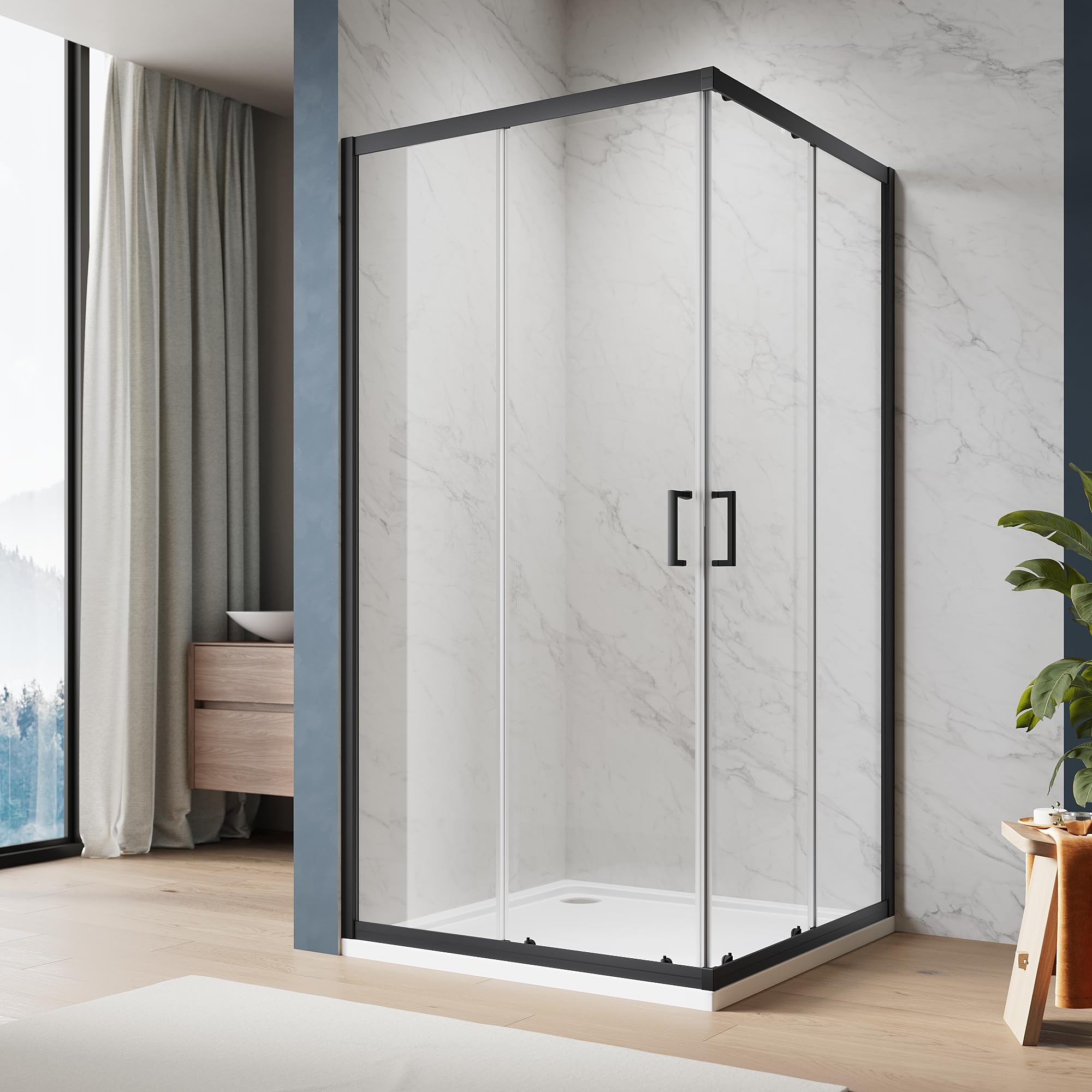 ELEGANT Black 1200 x 1200 mm Corner Entry Shower Enclosure with 6mm Toughened Glass - Reversible Smooth Screen Shower Cubicle for Bathrooms