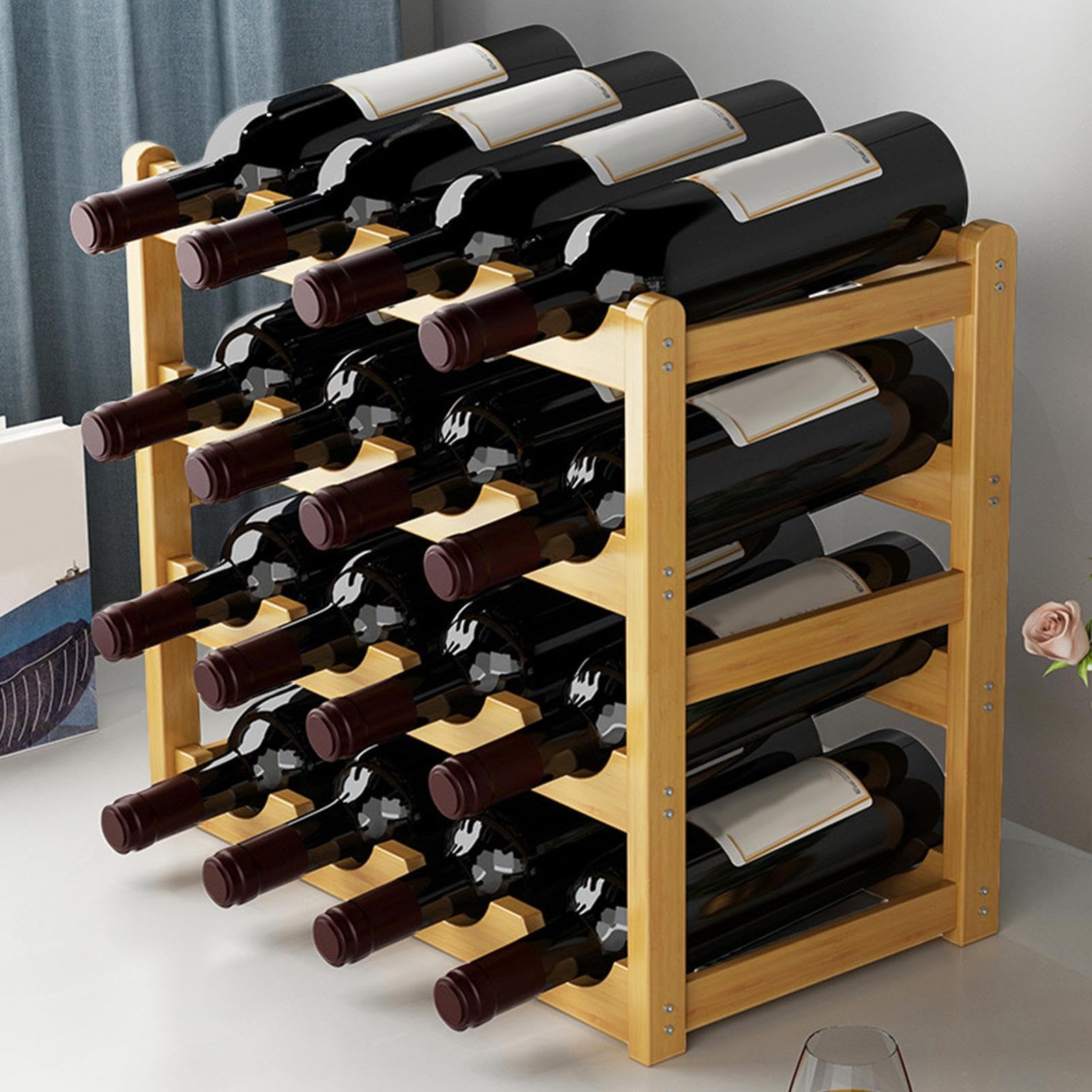 Estante de vino de mostrador | Estante de vino de madera rústica para 20