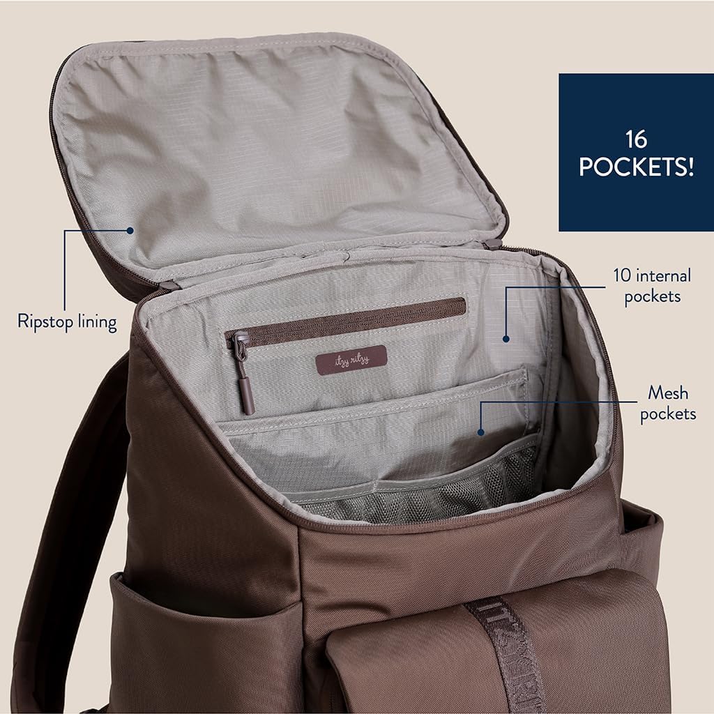 Itzy Ritzy Belong Bucket Backpack – Lightweight Diaper Bag Backpack Featuring 16 Pockets, Bucket Top Opening, Stroller Straps & Changing Pad – Organized and Stylish Everyday Family Backpack (Mocha)