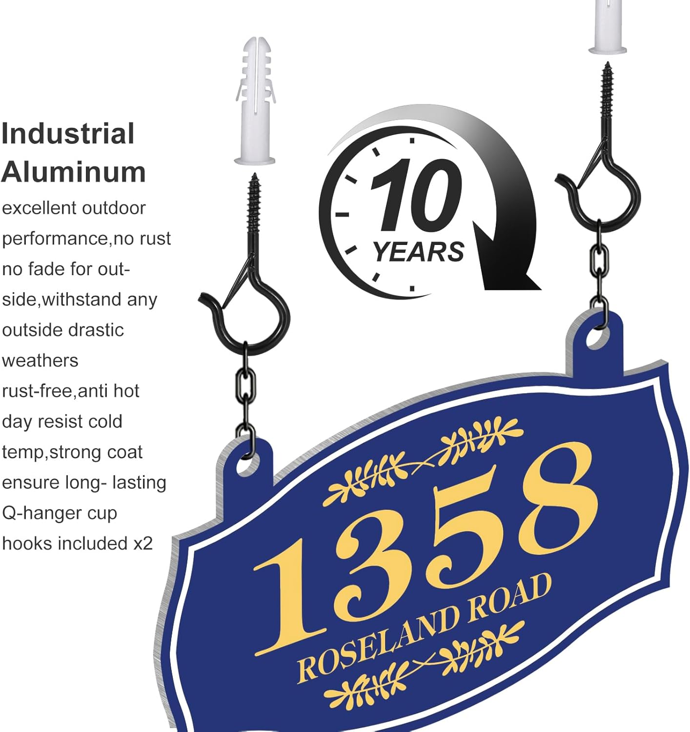 Hanging House Number Sign,Custom Mailbox Address Sign,Metal Address Number for House,Mailbox or Lamp Post - Surely Bright & Reflective Emergency Visibility with Hooks Kit 10'' x 6.5'