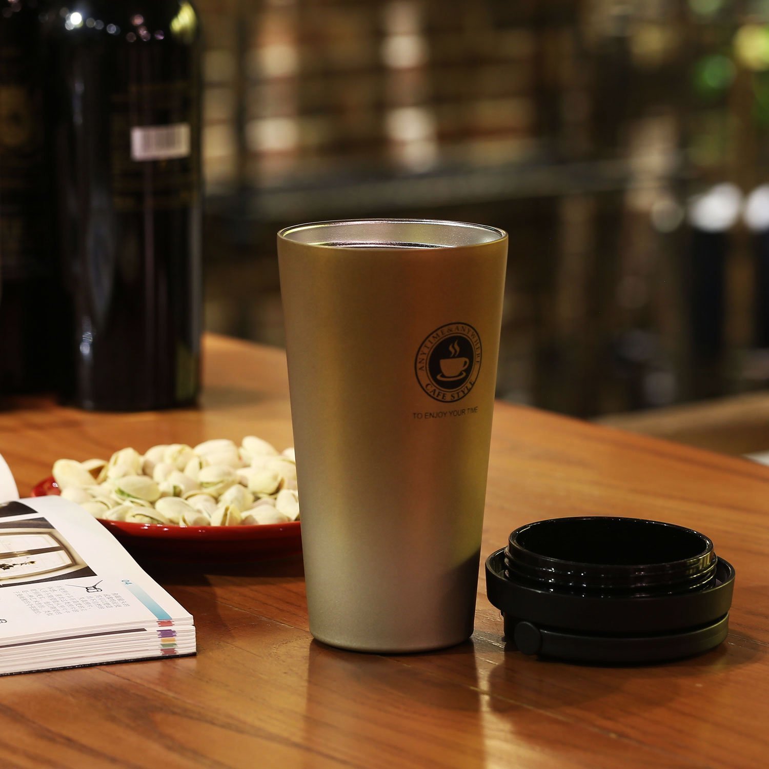 Amazon.com: 18/8 Stainless Steel Double Wall Vacuum Insulated Travel Coffee  Mug with Handle/Portable Thermal Cup,Wide Mouth Tumbler with Leak Proof  Lid,17oz,Brown : Home & Kitchen