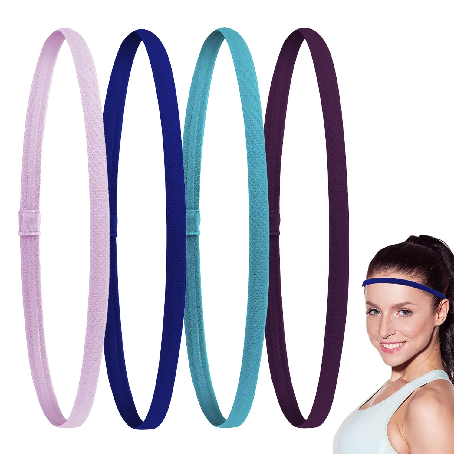 JZS Thick Non-Slip Elastic Sport Headbands Elastic Silicone Grip Exercise Hair Sweatbands for Women and Men Football Basketball Yoga Hair Headband(4 Pack)