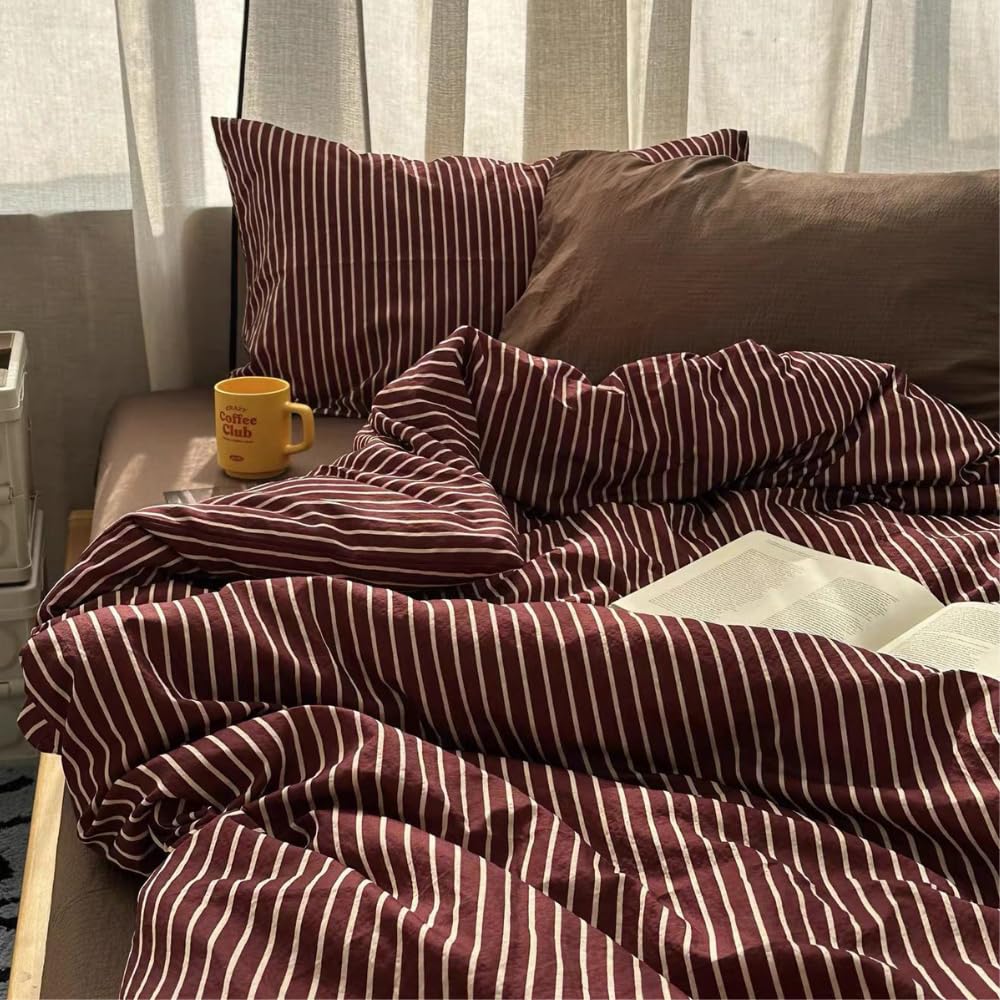 Michorinee Single Duvet Cover Set Burgundy Red Stripe Girls Pattern Bedding
