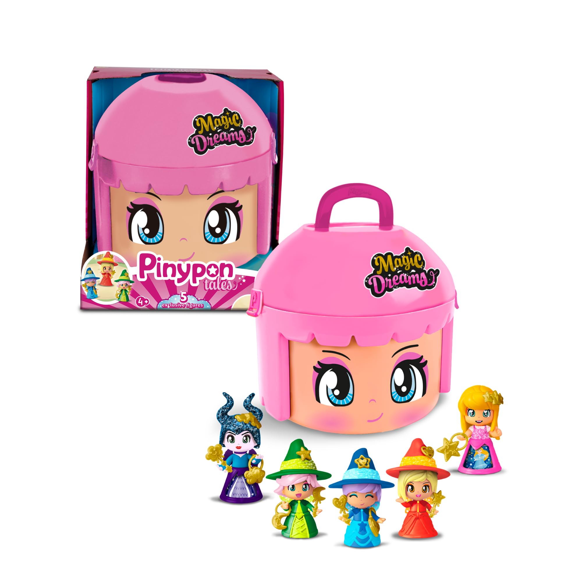 Pinypon - Magic Dreams, 5 Figuras Exclusivas con los Personajes Principales de la Bella Durmiente, Incluye Pequeños Accesorios, Contenedor y Bandeja con Compartimentos, +3 años, Famosa (PNY88000)