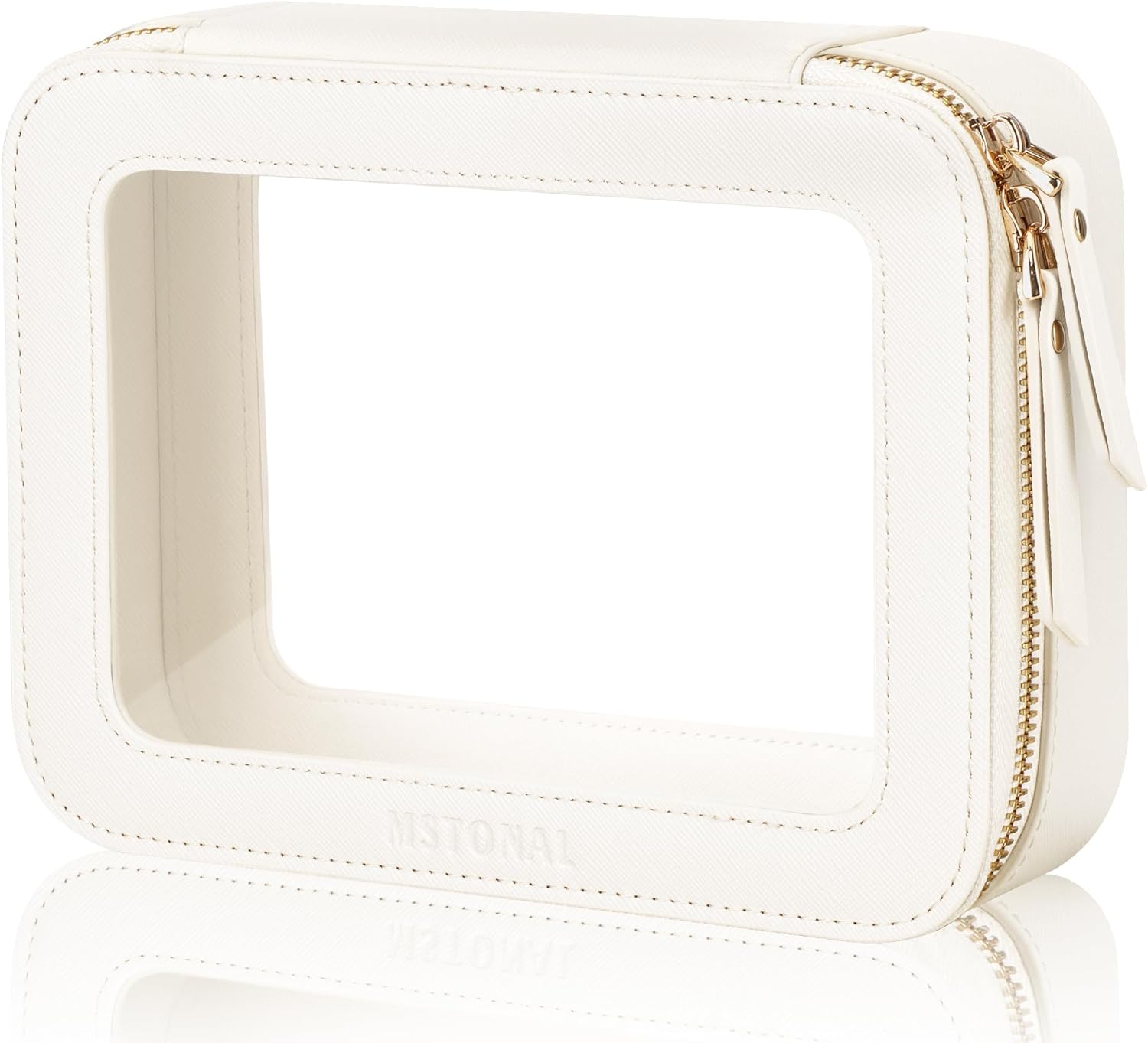 MSTONAL Clear Makeup Bag, Travel Toiletry Bag Cosmetic Case for Women, Waterproof Portable Make Up Skincare Pouch with Zipper, Compact Car Organizer Bag for Essentials, Medium Size, Ivory White