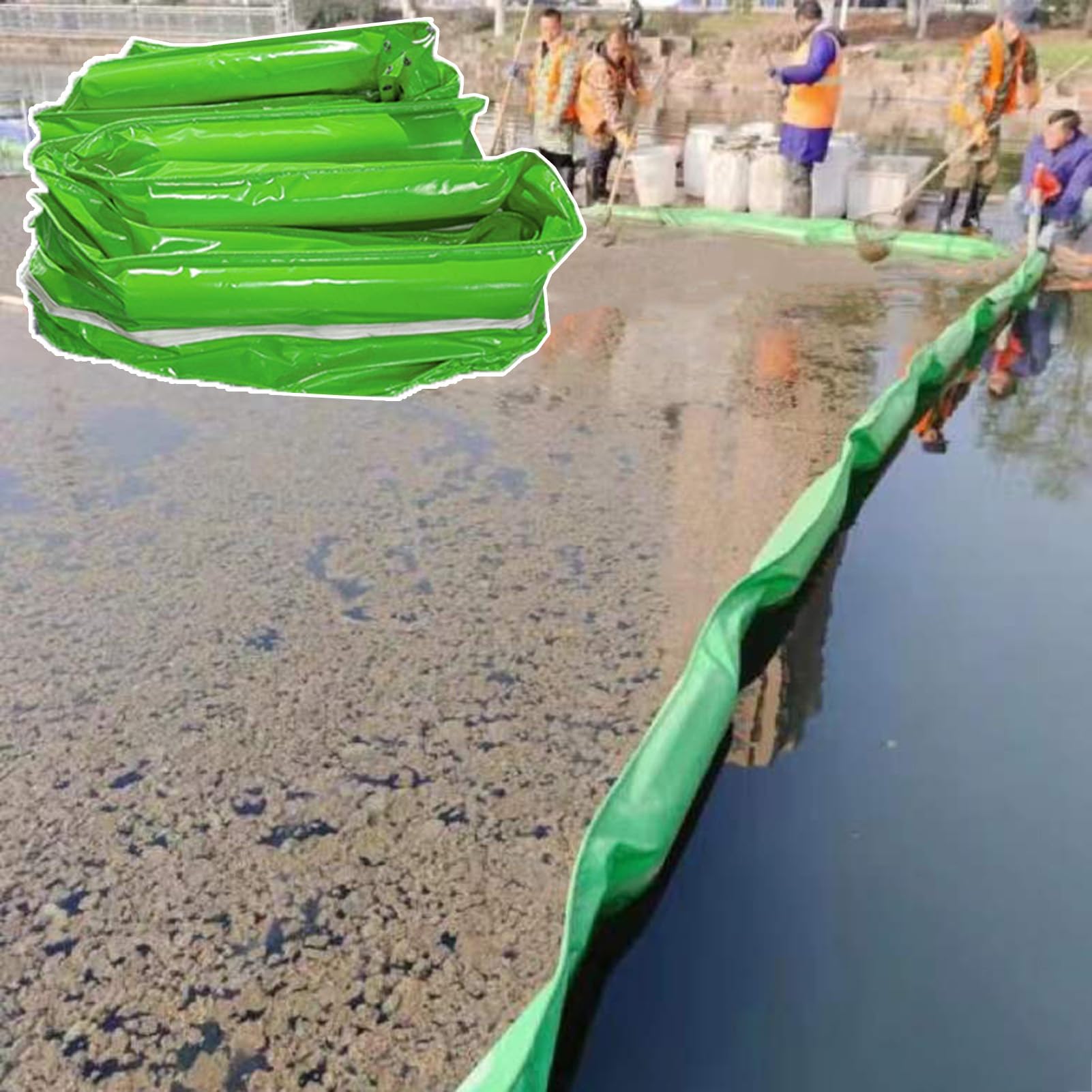 DUANHOZ PVC Oil Boom,Inflatable River Oil Spill Boom - Green PVC Containment Barrier for Marine, Marina, Bilge & Oil Plant Flood Control - 10m (32.8ft) Length, 35cm (13.75") Heig